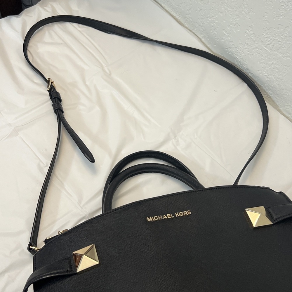 Michael Kors Karla Medium Saffiano Leather‎ Satchel Bag Black Gold 13 X 10 X 5 - Picture 9 of 11